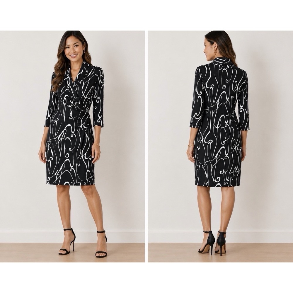 B Skinz Colorful Swirl V-Neck Dress XS Black White Boho Shift Dress 3/4 Sleeve